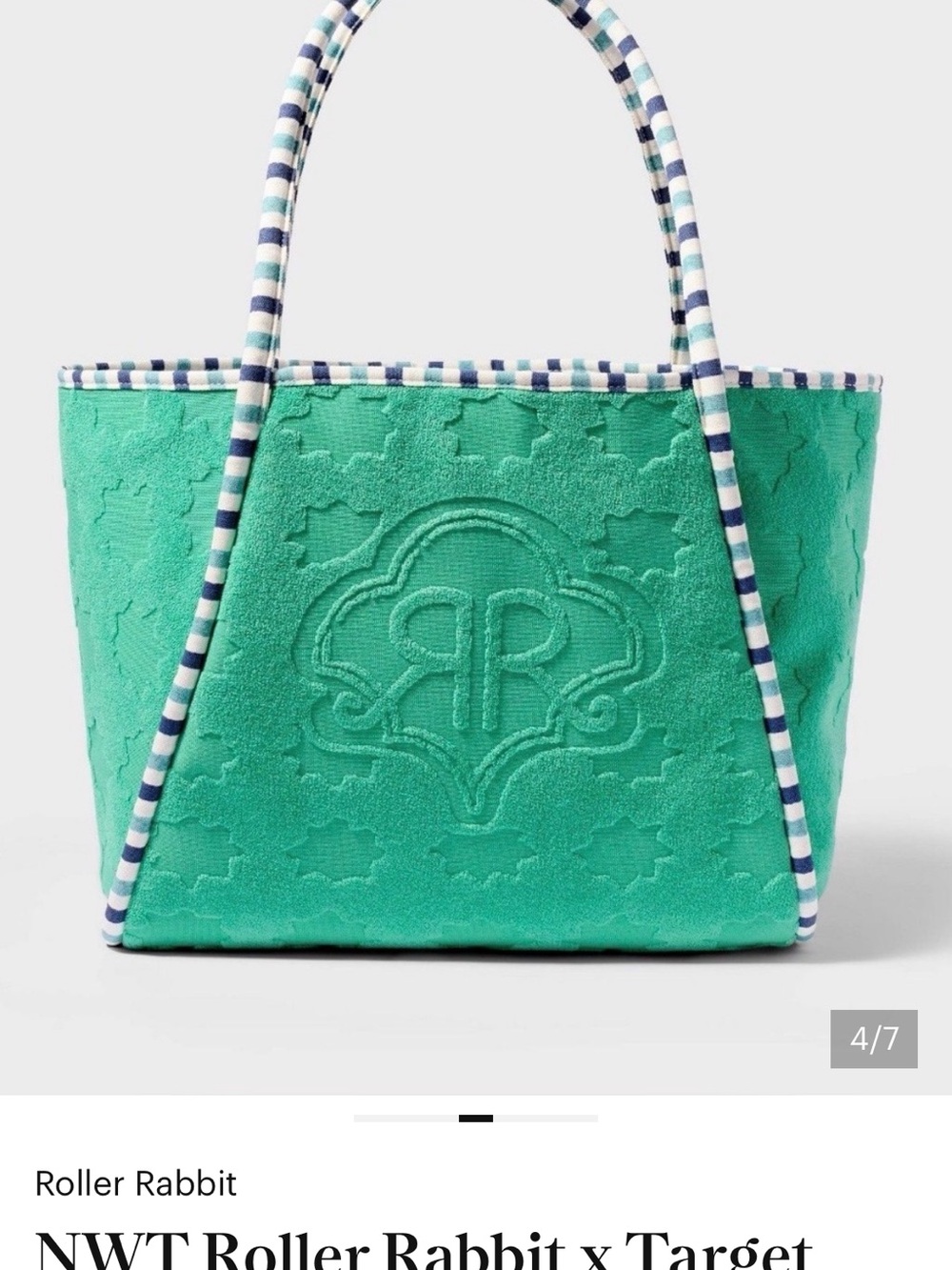 Roller Rabbit Turquoise Embossed Tote with Striped Handles